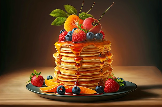 Stack of mouthwatering fresh pancakes and fruit for hearty delicious breakfast