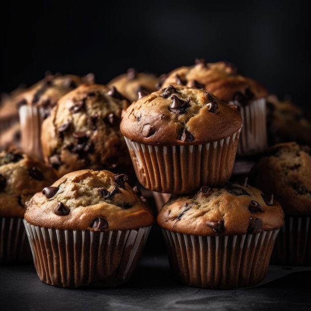 A stack of muffins with chocolate chips on a dark background