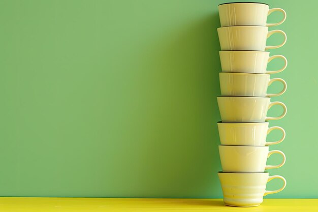 Photo stack of mug cups on yellow table green wall background home interior