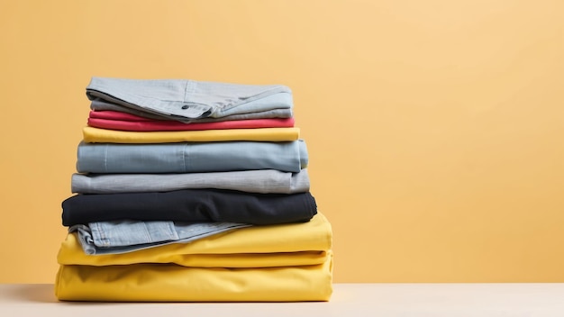 A stack of neatly folded clothes against a yellow background fashion or lifestyle themes