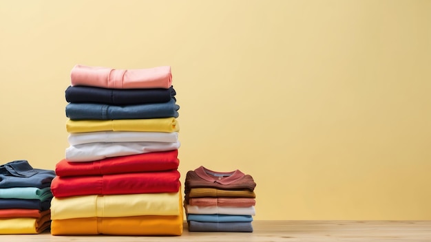 A stack of neatly folded clothes against a yellow background fashion or lifestyle themes