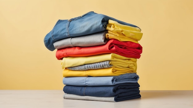 A stack of neatly folded clothes against a yellow background fashion or lifestyle themes