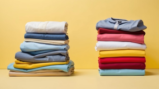 A stack of neatly folded clothes against a yellow background fashion or lifestyle themes