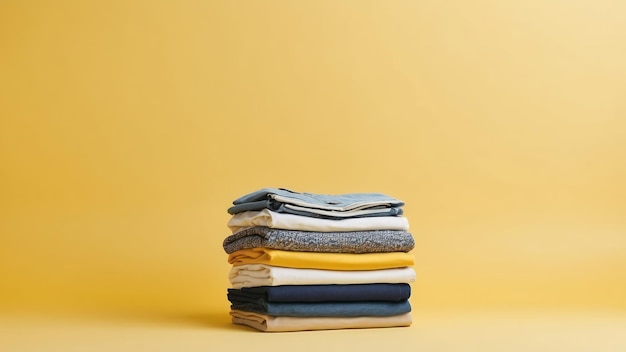 Photo a stack of neatly folded clothes against a yellow background fashion or lifestyle themes