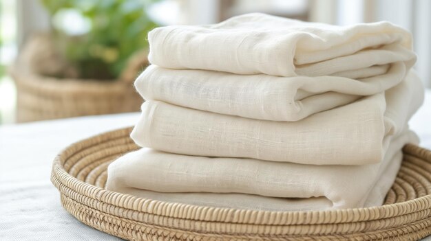 Photo stack of neatly folded white linens placed on a woven tray symbolizing cleanliness and order in a serene home environment