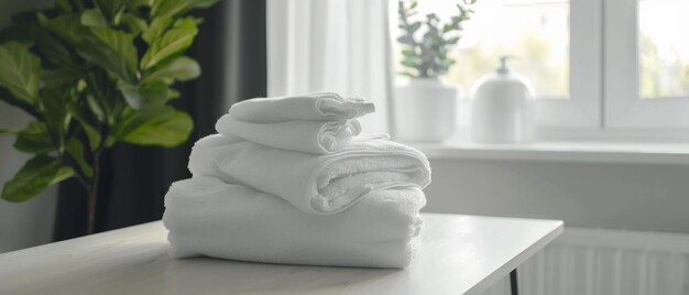 Photo a stack of neatly folded white towels rests on a modern table by a bright window with lush green indoor plants adding a touch of nature