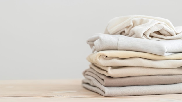 A stack of neatly folded womens clothing on a wooden table against a white wall Copy space