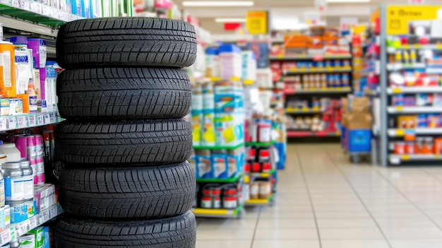 Stack of New Tires in a Retail Store