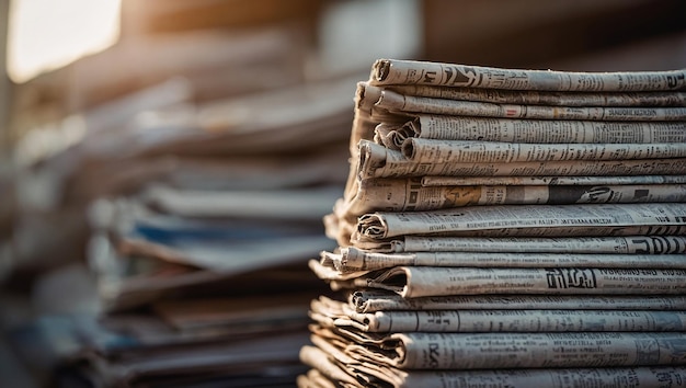 a stack of newspaper on a table