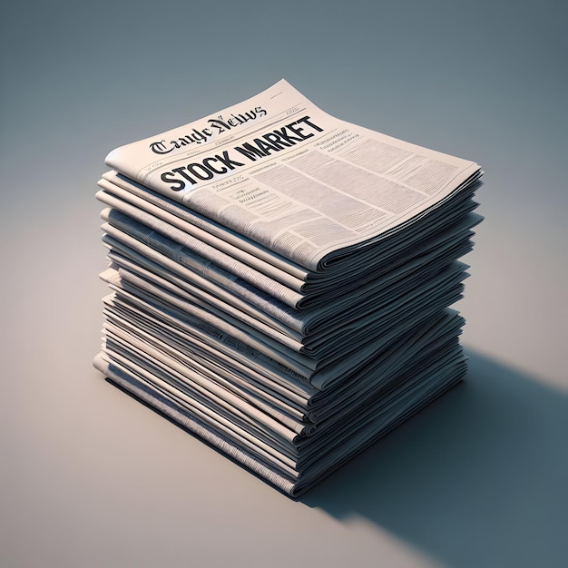 A stack of newspapers with headlines about stock market fluctuations isolated on a plain newsprint