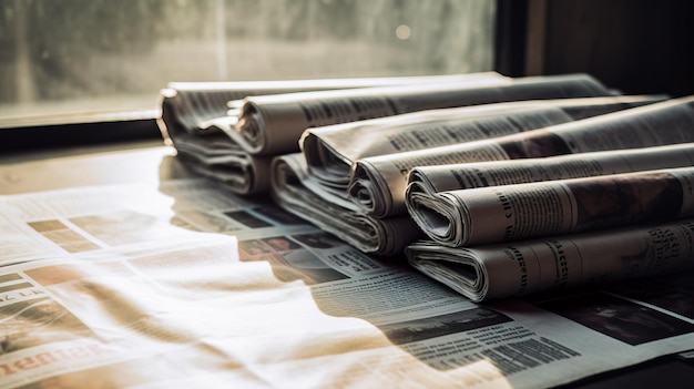 Stack of newspapers on wooden table in morning light selective focus Generative AI