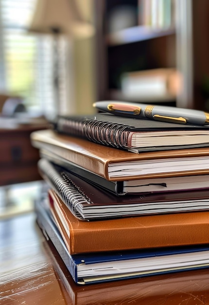 Stack of notebooks A stack of spiral notebooks and hardcover books with a pen on top