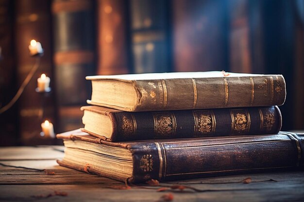 stack of old books on table against background of bookshelf in library