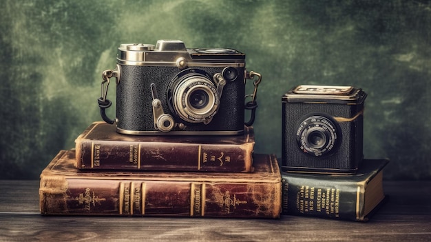 a stack of old books with a camera on top of them.