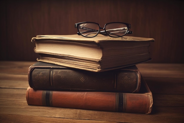 A stack of old books with glasses on top of them