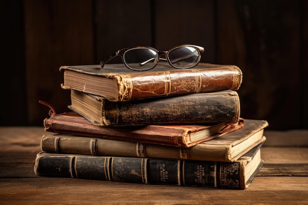 Stack of old books with glasses on wooden background Education concept A vintage pile of five old brown leather books with eye glasses on a wood table AI Generated