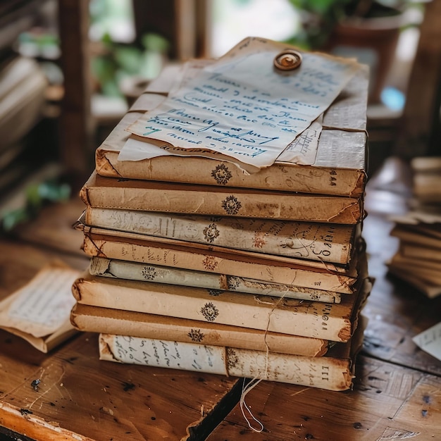 a stack of old books with a note on the top