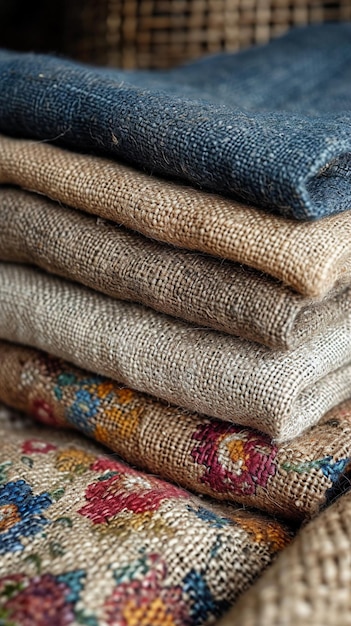 a stack of old linens with a colorful background