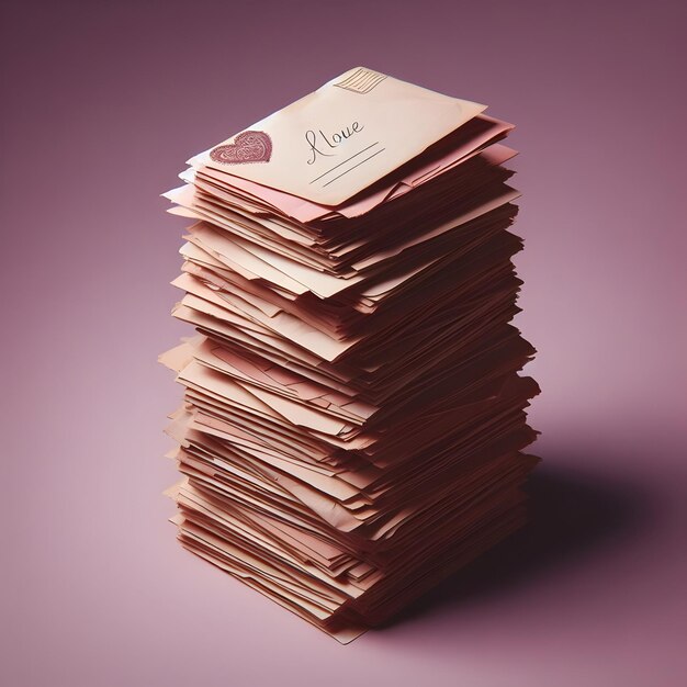 A stack of old love letters sits isolated on a plain plum background evoking nostalgia and romanc