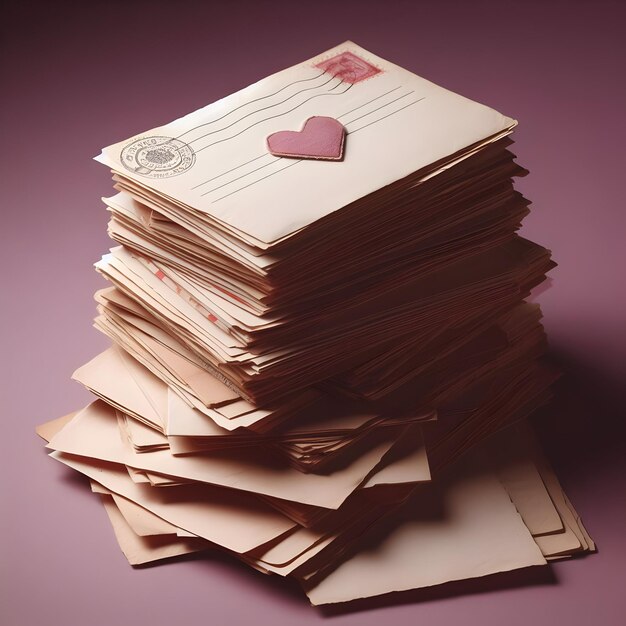 A stack of old love letters sits isolated on a plain plum background evoking nostalgia and romanc