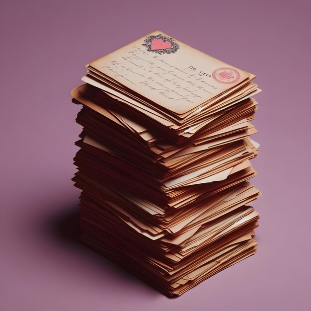 A stack of old love letters sits isolated on a plain plum background evoking nostalgia and romanc