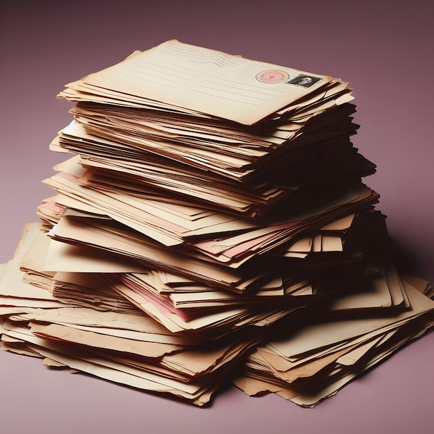 A stack of old love letters sits isolated on a plain plum background evoking nostalgia and romanc