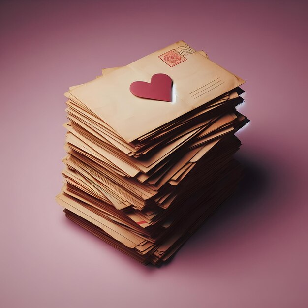 A stack of old love letters sits isolated on a plain plum background evoking nostalgia and romanc