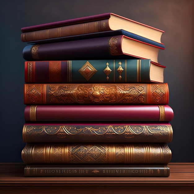 Stack of old ornate decorative books on a shelf Reading is fun Bookworm Volumes and tomes