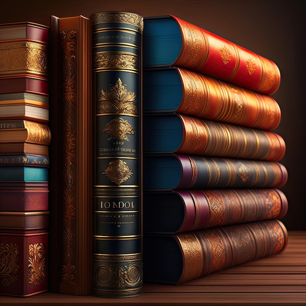 Stack of old ornate decorative books on a shelf Reading is fun Bookworm Volumes and tomes