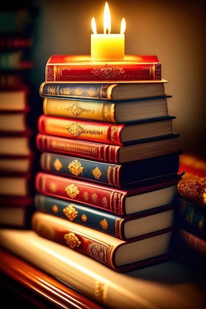 Stack of old ornate decorative books on a shelf with a candle Reading is fun Bookworm