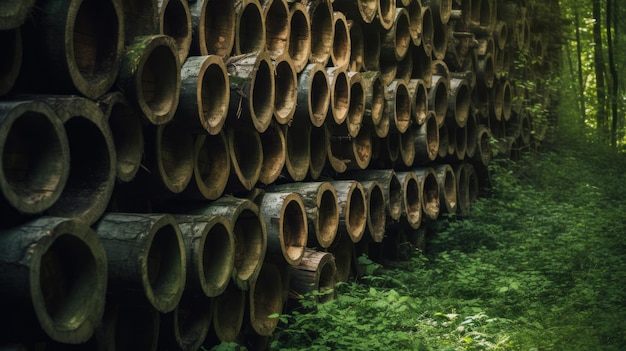 A stack of old wooden pipes with the word bamboo on the side.