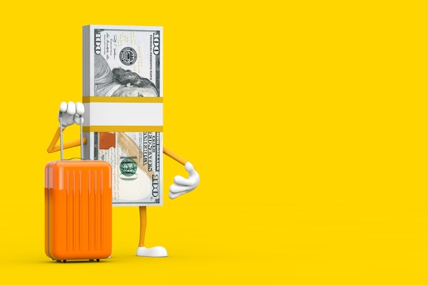 Stack of One Hundred Dollar Bills Person Character Mascot with Orange Travel Suitcase on a yellow background. 3d Rendering