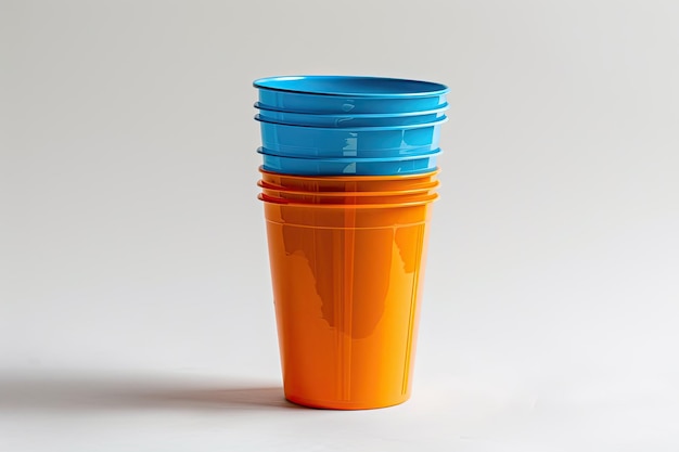 Stack of Orange and Blue Plastic Cup on white background