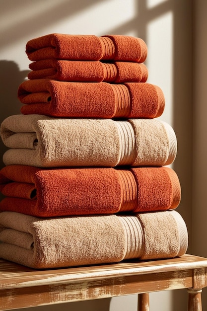 Photo a stack of orange towels with a white stripe