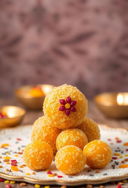 Photo a stack of oranges with a flower on the top of them