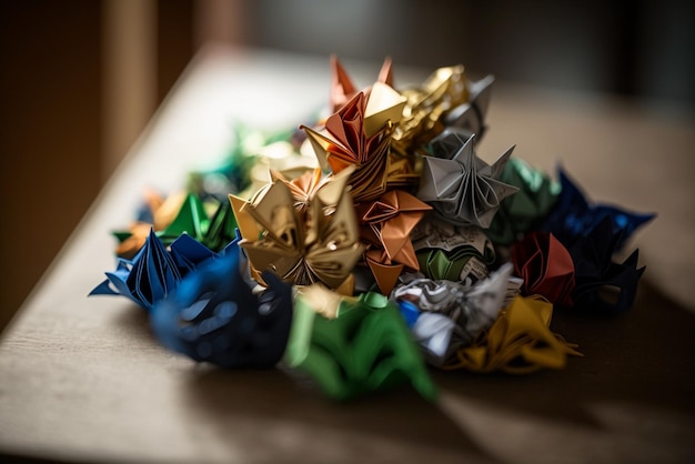 A stack of origami paper cranes are stacked on top of each other