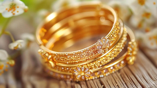 Stack of ornate gold bangles with white gemstones shot against a blurred background