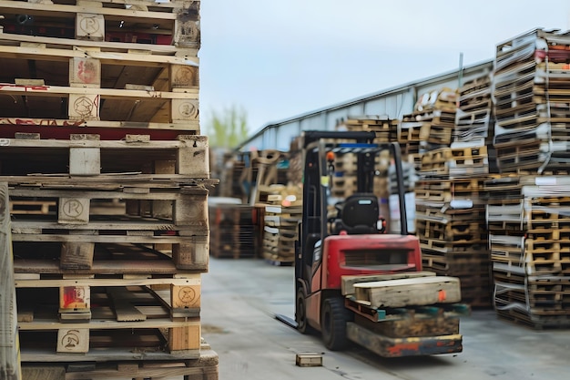 Photo a stack of pallets with a red truck in the background