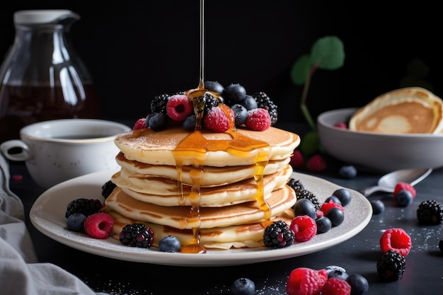 Stack of pancakes drizzle of syrup and sprinkle of berries for a sweet breakfast treat