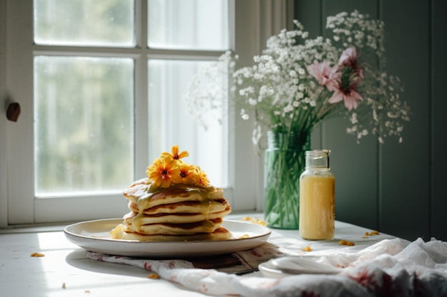 A stack of pancakes on a table with flowers in the background