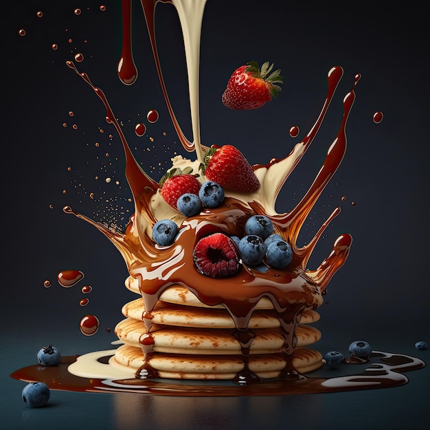 Stack of pancakes topped honey caramel syrup with berries Generative AI