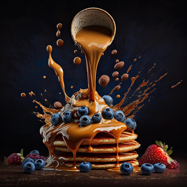 Stack of pancakes topped honey caramel syrup with berries Generative AI