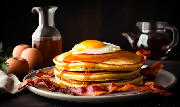 A stack of pancakes topped with bacon and an egg Delicious breakfast stack with pancakes bacon and a perfectly cooked egg