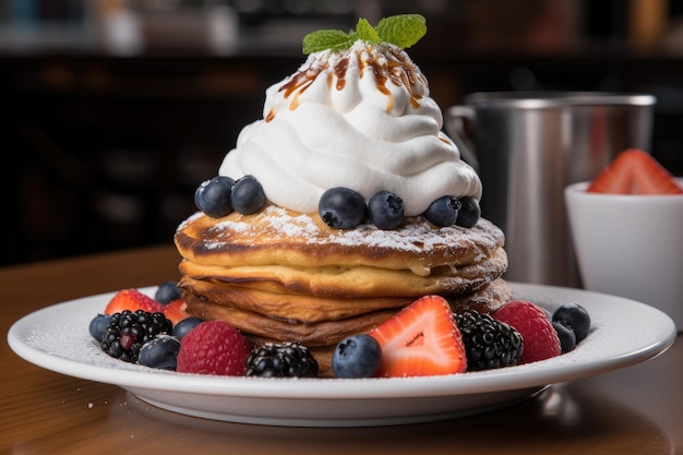 Stack of pancakes topped with berries and whipped cream created with generative ai