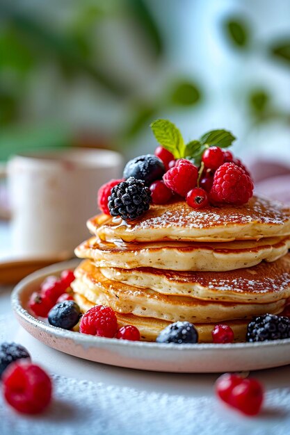 Stack of pancakes topped with raspberries and mint leaves