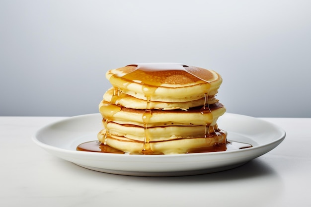 Stack of pancakes on a white plate with syrup on top