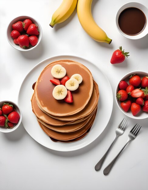 Photo a stack of pancakes with bananas and bananas on a plate with a cup of coffee