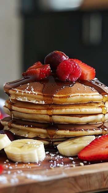 a stack of pancakes with bananas and bananas on top