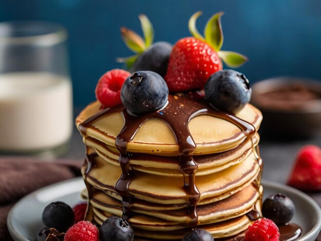 a stack of pancakes with berries and berries on top of it