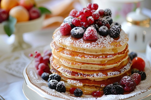 A stack of pancakes with berries and berries on top of them